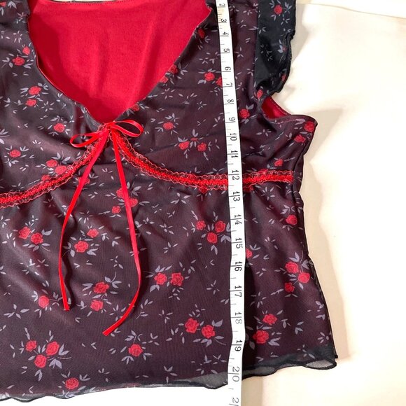Romwe Floral Print Sheer Overlay Blouse Red Lining & Tie Back Women's XL Ruffle - Picture 7 of 8